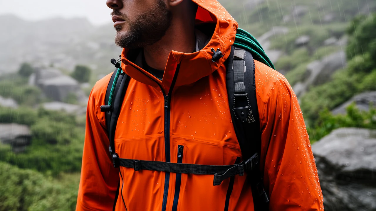 Durable nylon waterproof jacket in mountain conditions
